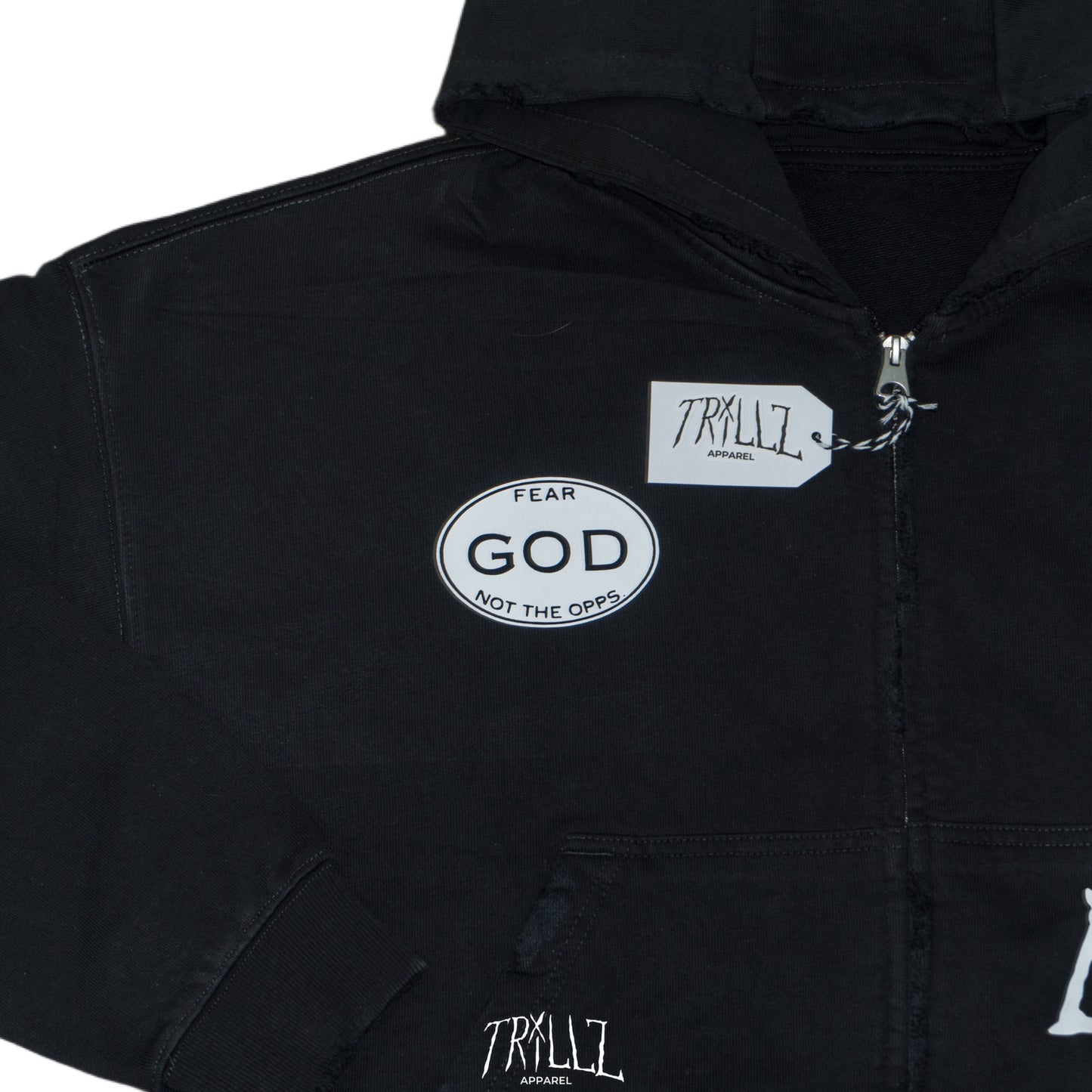 OFF BLACK DISTRESSED ZIP UP HOODIE