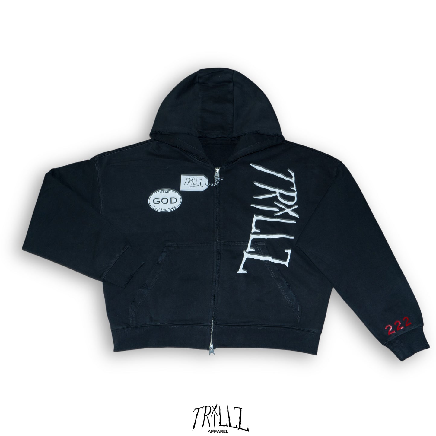 OFF BLACK DISTRESSED ZIP UP HOODIE