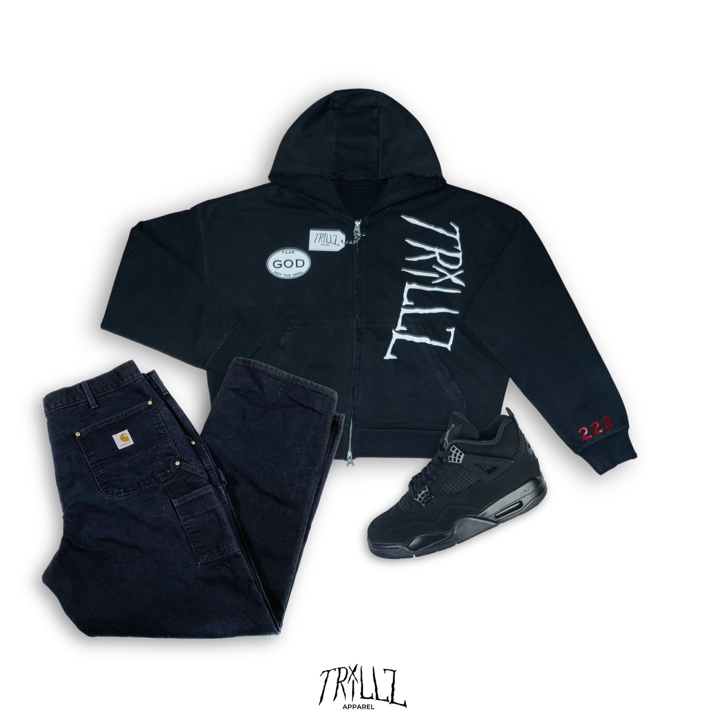 OFF BLACK DISTRESSED ZIP UP HOODIE